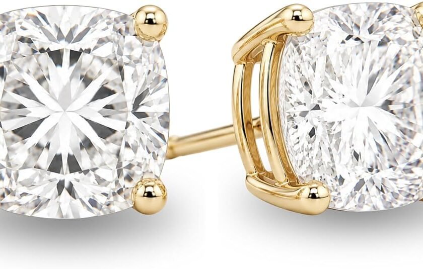 14K Solid White or Yellow Gold Lab Grown Moissanite Cushion Cut Stud Earrings