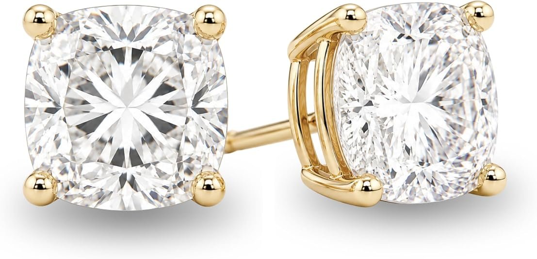 14K Solid White or Yellow Gold Lab Grown Moissanite Cushion Cut Stud Earrings