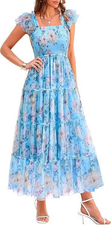 PRETTYGARDEN Women's Summer Smocked Midi Tulle Dress